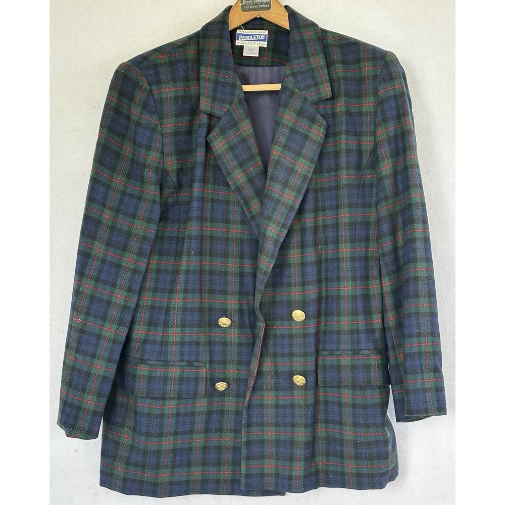 Pendleton Tartan Wool Blazer Vintage Womens 12 Blue Green Excellent